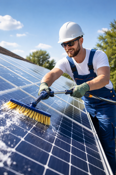 Technician cleaning solar panels using purified water system